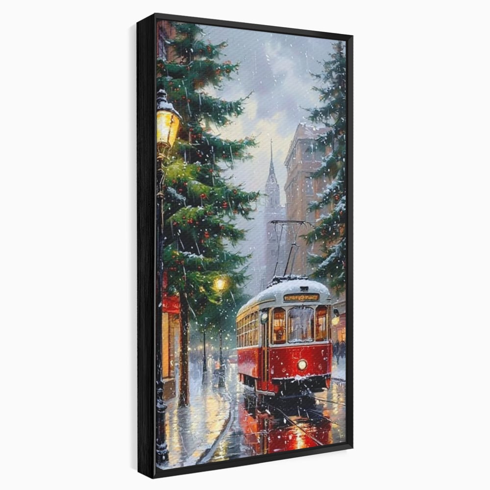 Tablou canvas cu pictura cu tramvai rosu in ninsoare, in rama de aluminiu negru
